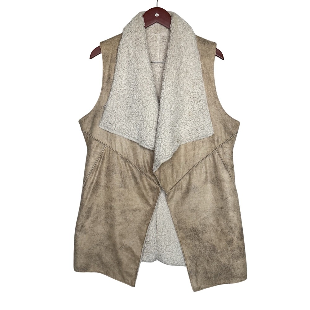 Vintage Western Vest Women One Size Fits All Tan Faux Suede Shearling Open Front
